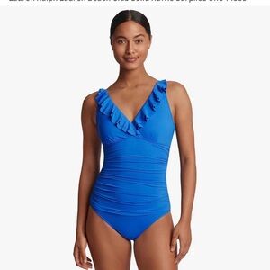 Women's Blue Ruffled One-Piece Swimsuit Ralph Lauren Sz 14 slimming
